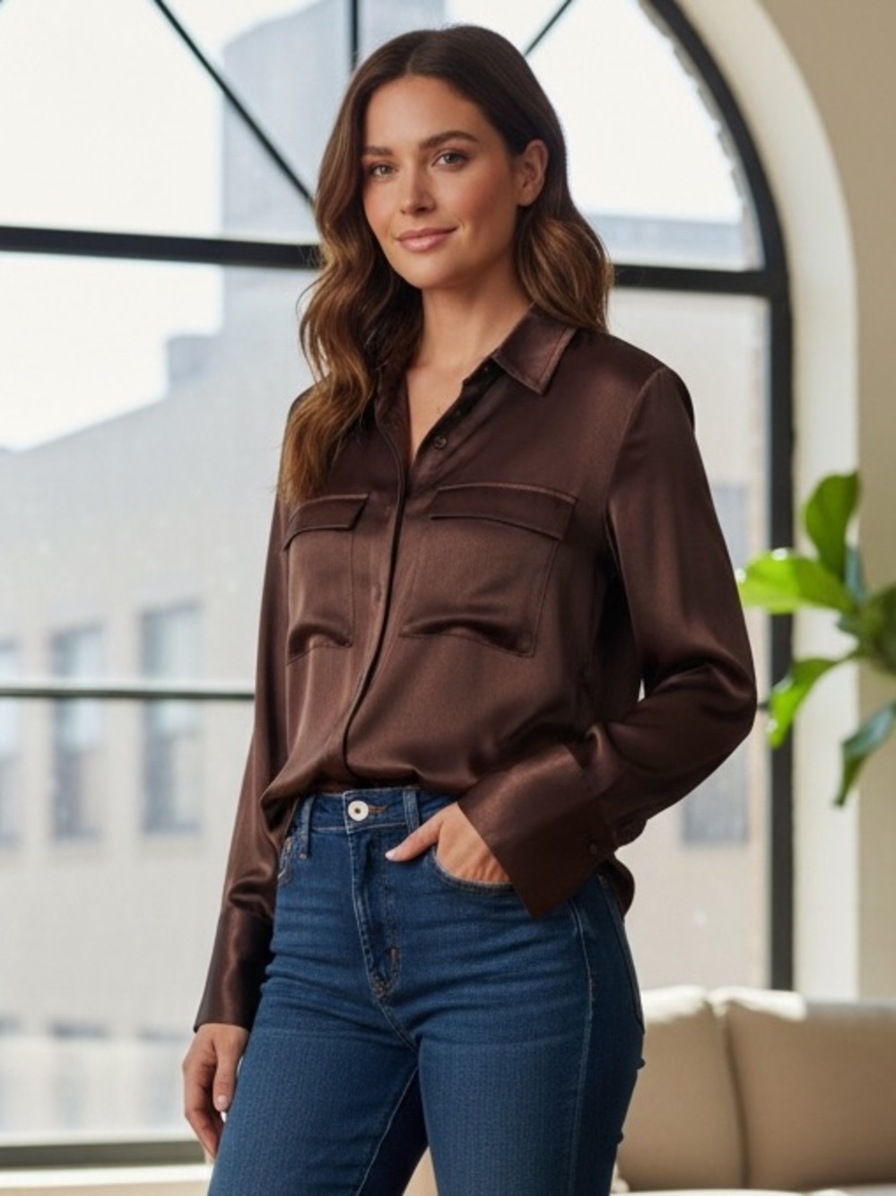 Zara Satin Button-Down Shirt in Chocolate Brown